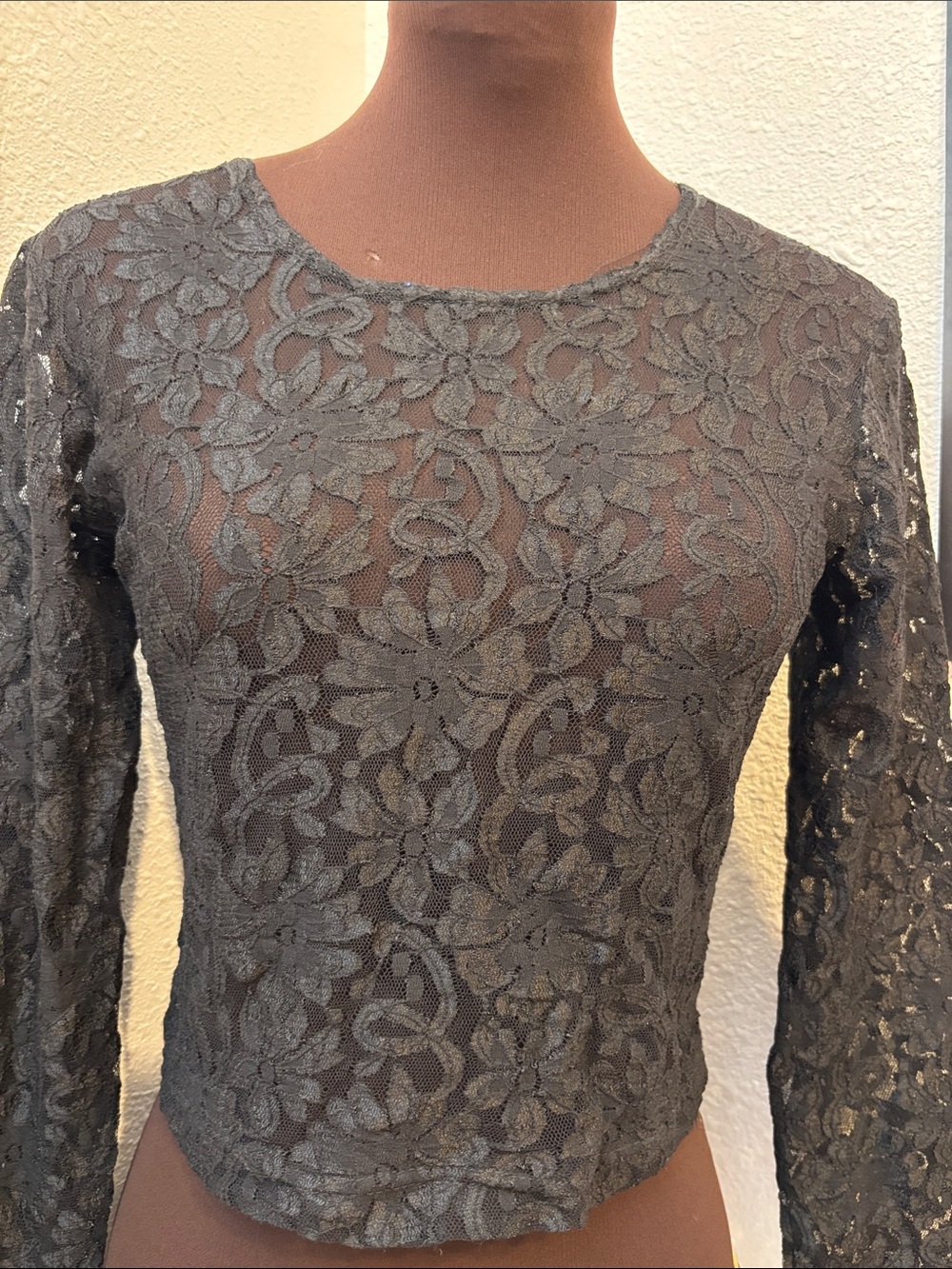 Vintage 1980’s By Choice California black sheer floral lace crop top. Size M.